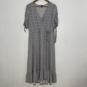 Torrid Dress Womens 2X Plus Size Gray Purple Plaid Wrap Ruffle Midi Tie Waist